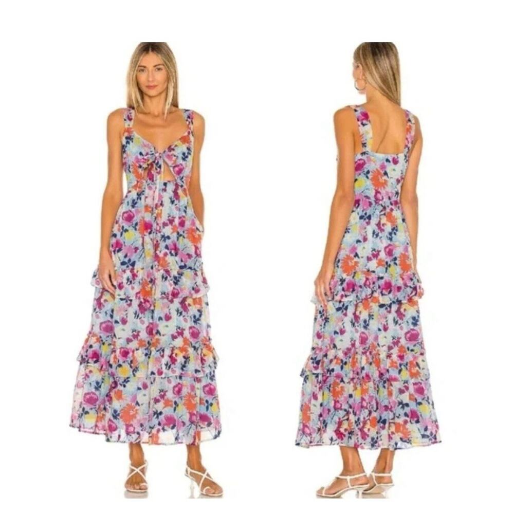 Banjanan Serafina XS Maxi Floral Ruffle Dress Fiesta Sky - Picture 2 of 11